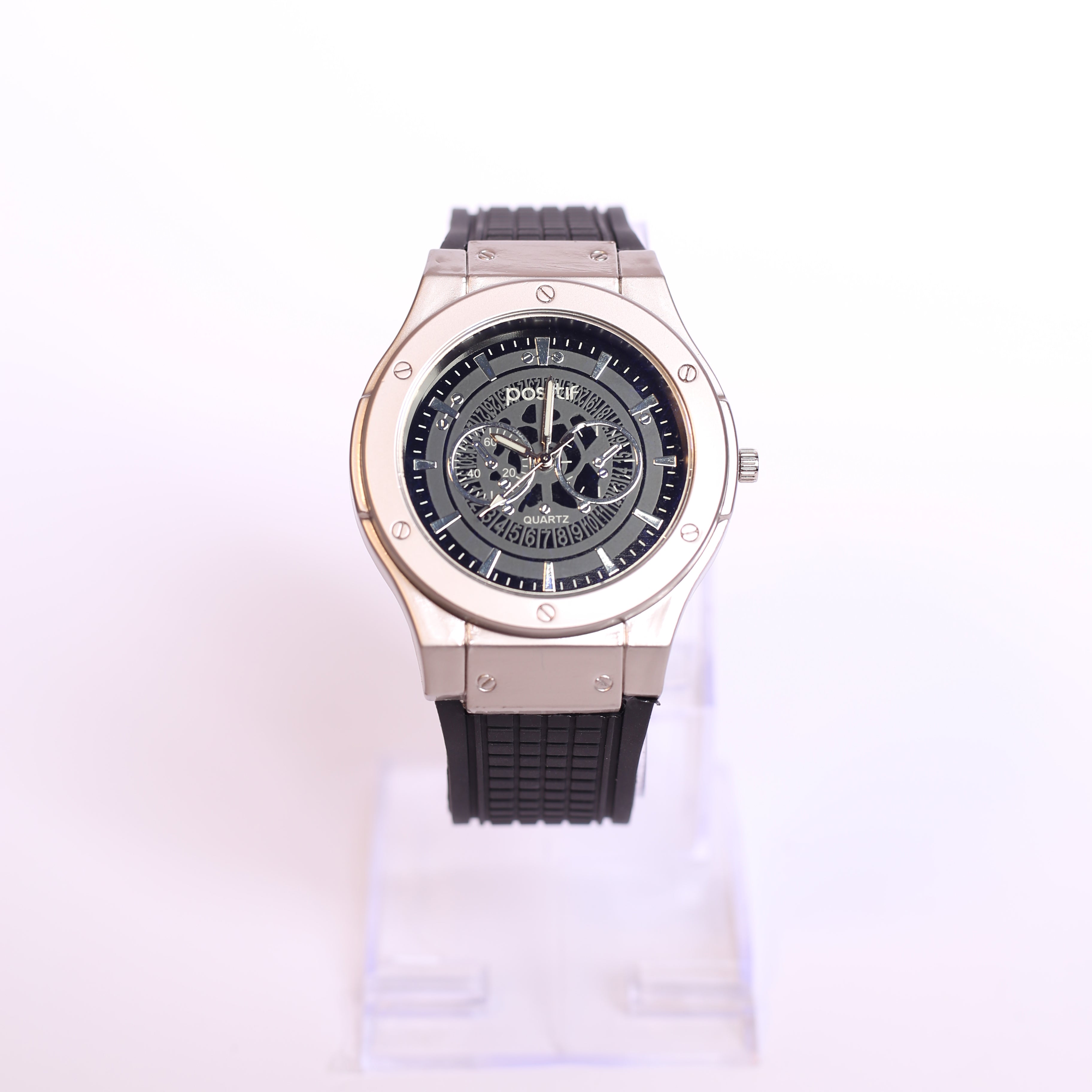 POSITIF MENS QUARTZ WATCH WITH RUBBER STRAP BLACK COLOUR